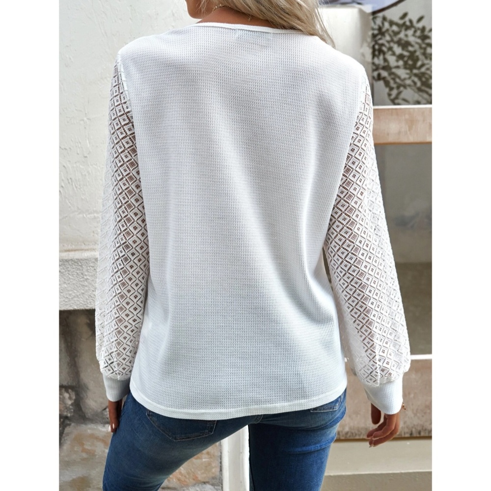 Button Detail Long Lace Sleeve V-Neck Casual White Tee Shirt - Picture 3 of 10
